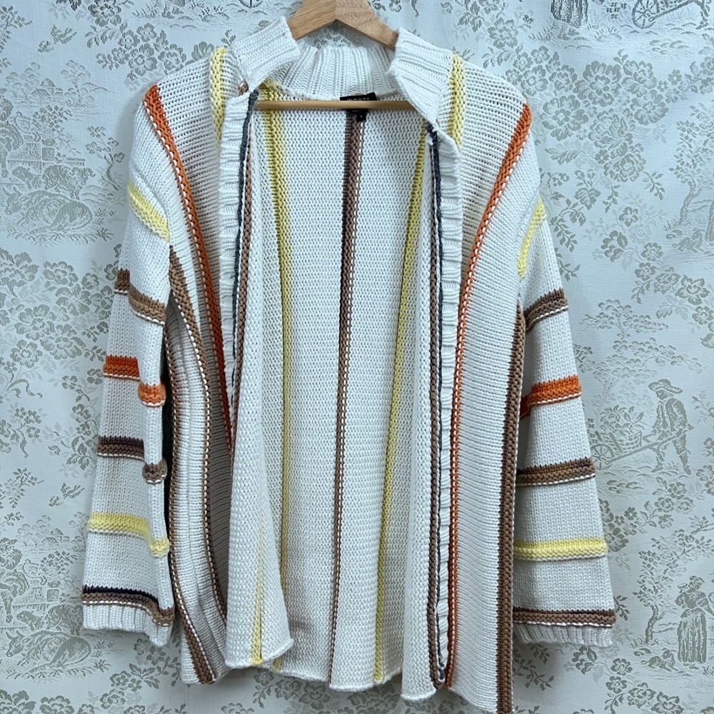 Worth NY Cardigan Cabincore Cozyluxury Cotton Chunky Knit Striped Open Sweater